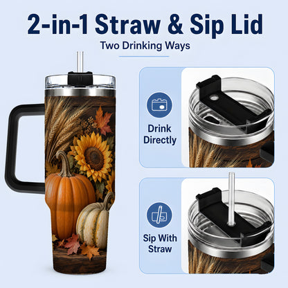 #pl[40oz|Black] Pumpkin Sunflower Harvest 40oz Tumbler with Wheat and Fall Leaves