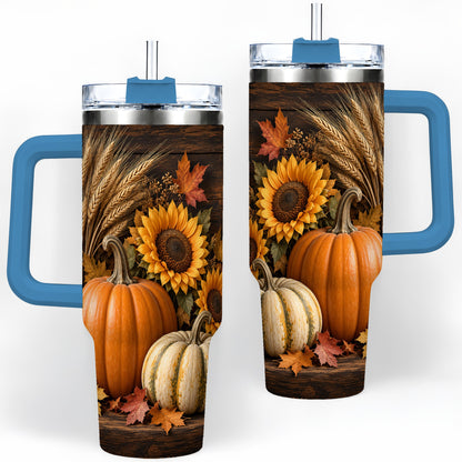#pl[40oz|Blue] Pumpkin Sunflower Harvest 40oz Tumbler with Wheat and Fall Leaves