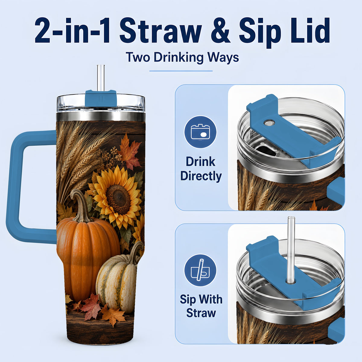 #pl[40oz|Blue] Pumpkin Sunflower Harvest 40oz Tumbler with Wheat and Fall Leaves