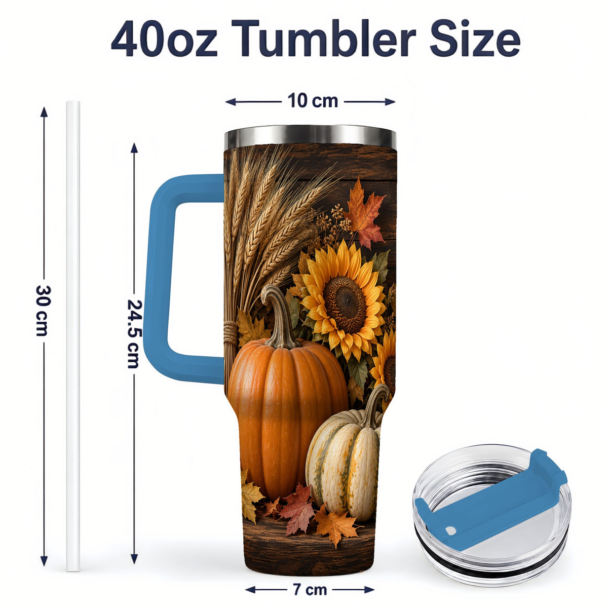 #pl[40oz|Blue] Pumpkin Sunflower Harvest 40oz Tumbler with Wheat and Fall Leaves