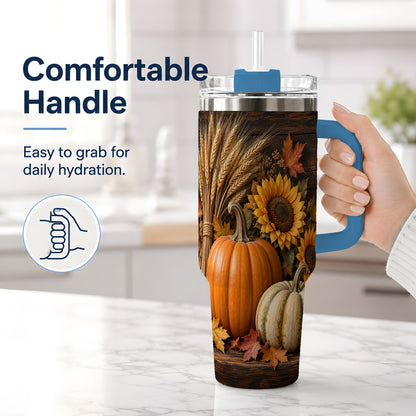 #pl[40oz|Blue] Pumpkin Sunflower Harvest 40oz Tumbler with Wheat and Fall Leaves