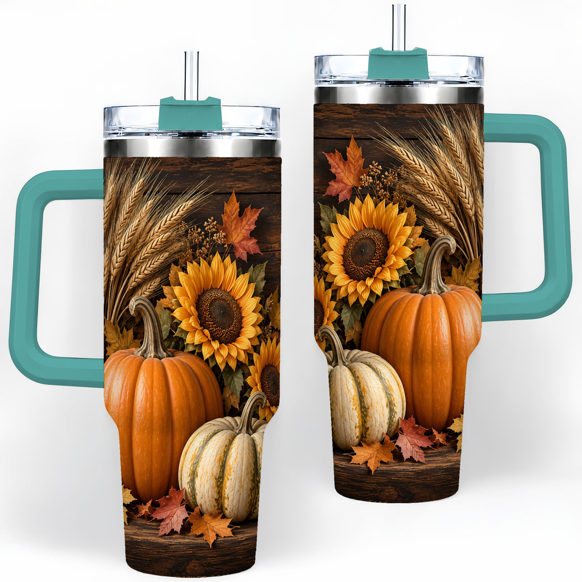 #pl[40oz|Green] Pumpkin Sunflower Harvest 40oz Tumbler with Wheat and Fall Leaves