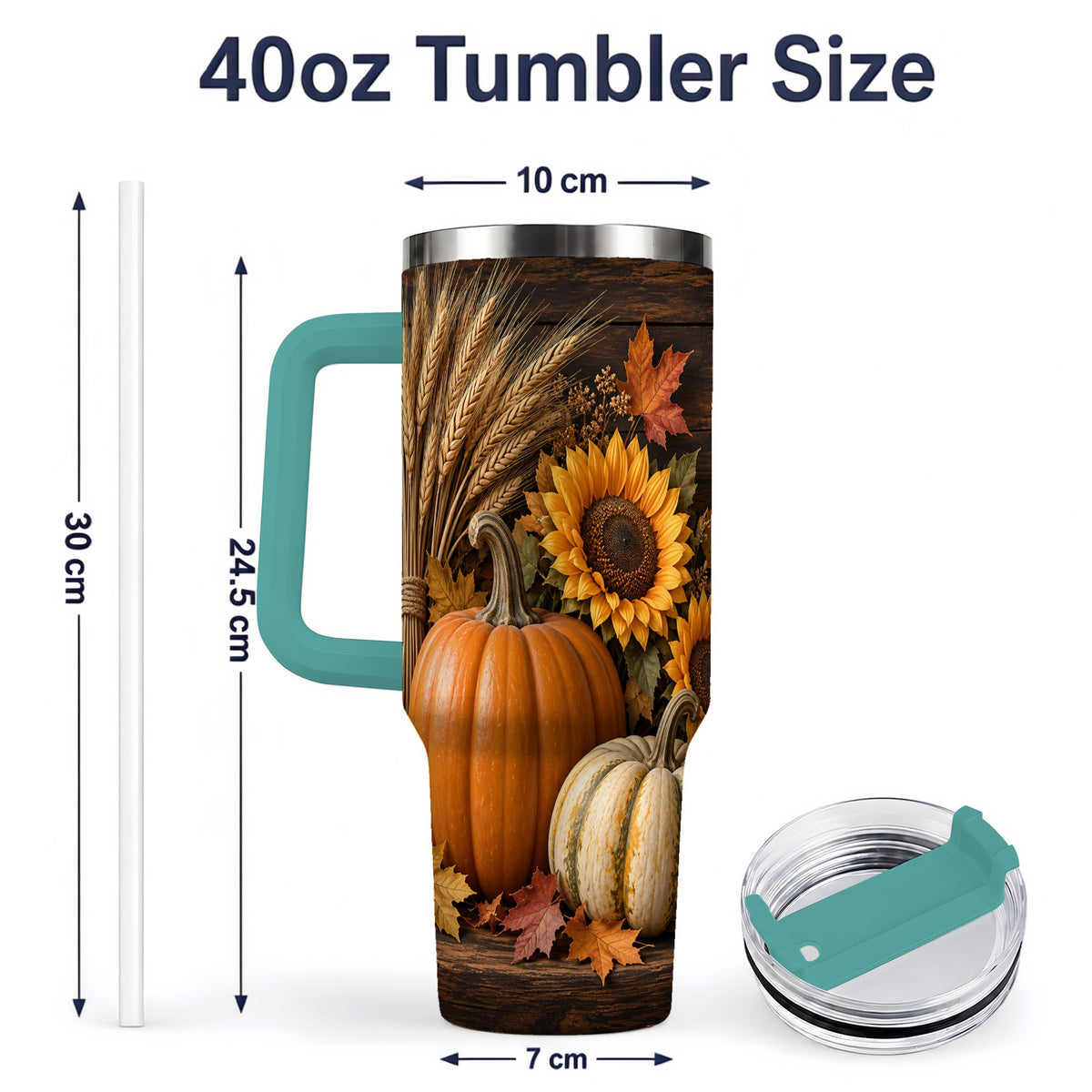 #pl[40oz|Green] Pumpkin Sunflower Harvest 40oz Tumbler with Wheat and Fall Leaves