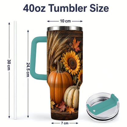 #pl[40oz|Green] Pumpkin Sunflower Harvest 40oz Tumbler with Wheat and Fall Leaves