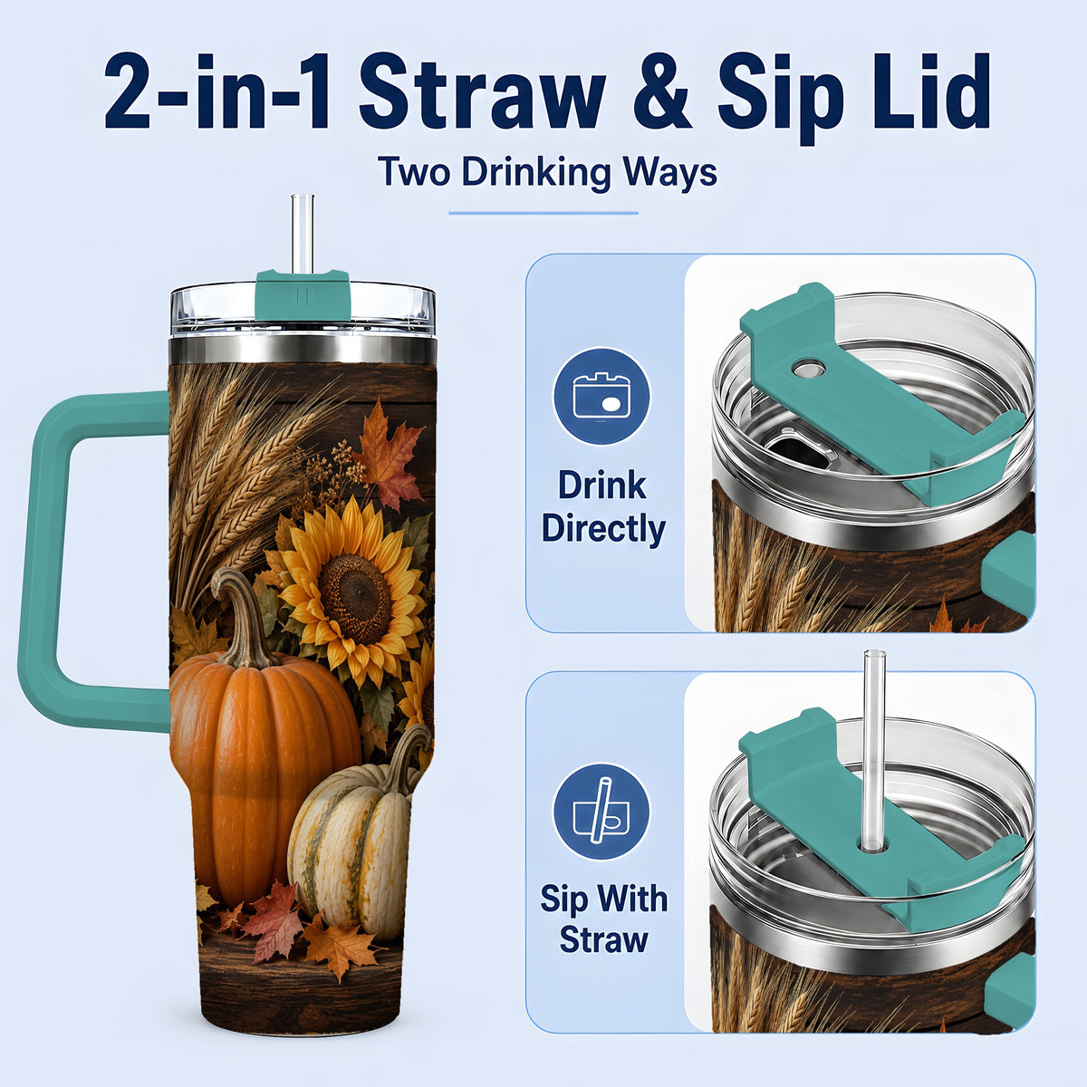 #pl[40oz|Green] Pumpkin Sunflower Harvest 40oz Tumbler with Wheat and Fall Leaves