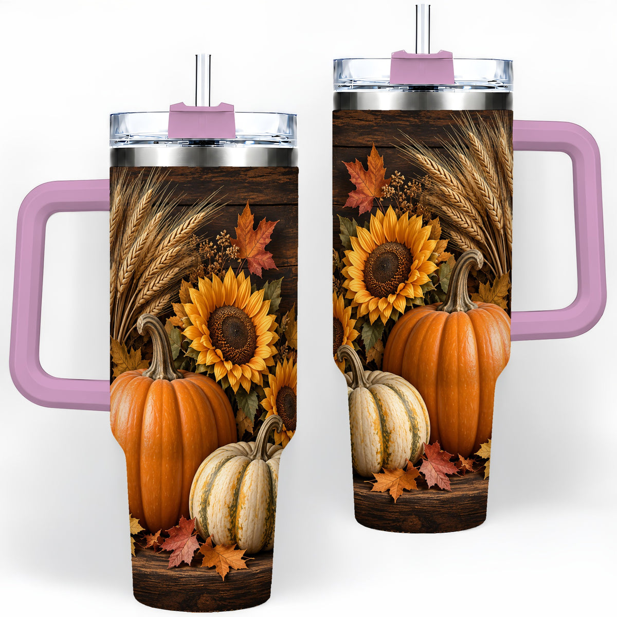 #pl[40oz|Pink] Pumpkin Sunflower Harvest 40oz Tumbler with Wheat and Fall Leaves