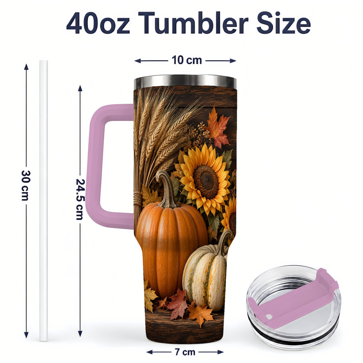 #pl[40oz|Pink] Pumpkin Sunflower Harvest 40oz Tumbler with Wheat and Fall Leaves
