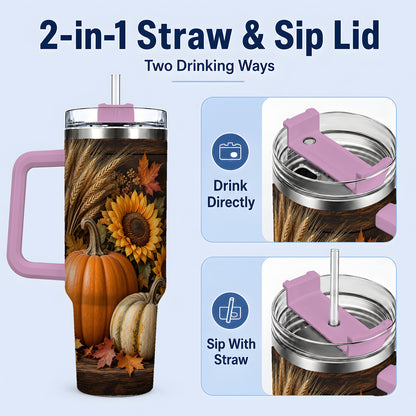 #pl[40oz|Pink] Pumpkin Sunflower Harvest 40oz Tumbler with Wheat and Fall Leaves