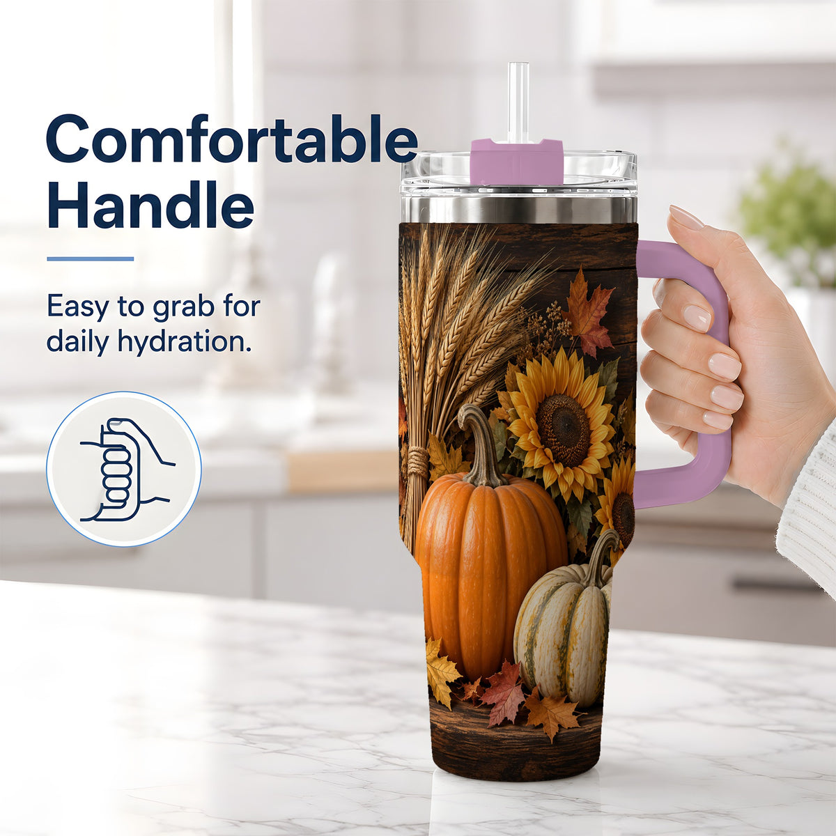 #pl[40oz|Pink] Pumpkin Sunflower Harvest 40oz Tumbler with Wheat and Fall Leaves