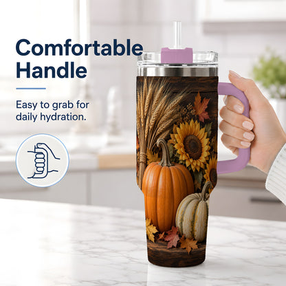 #pl[40oz|Pink] Pumpkin Sunflower Harvest 40oz Tumbler with Wheat and Fall Leaves
