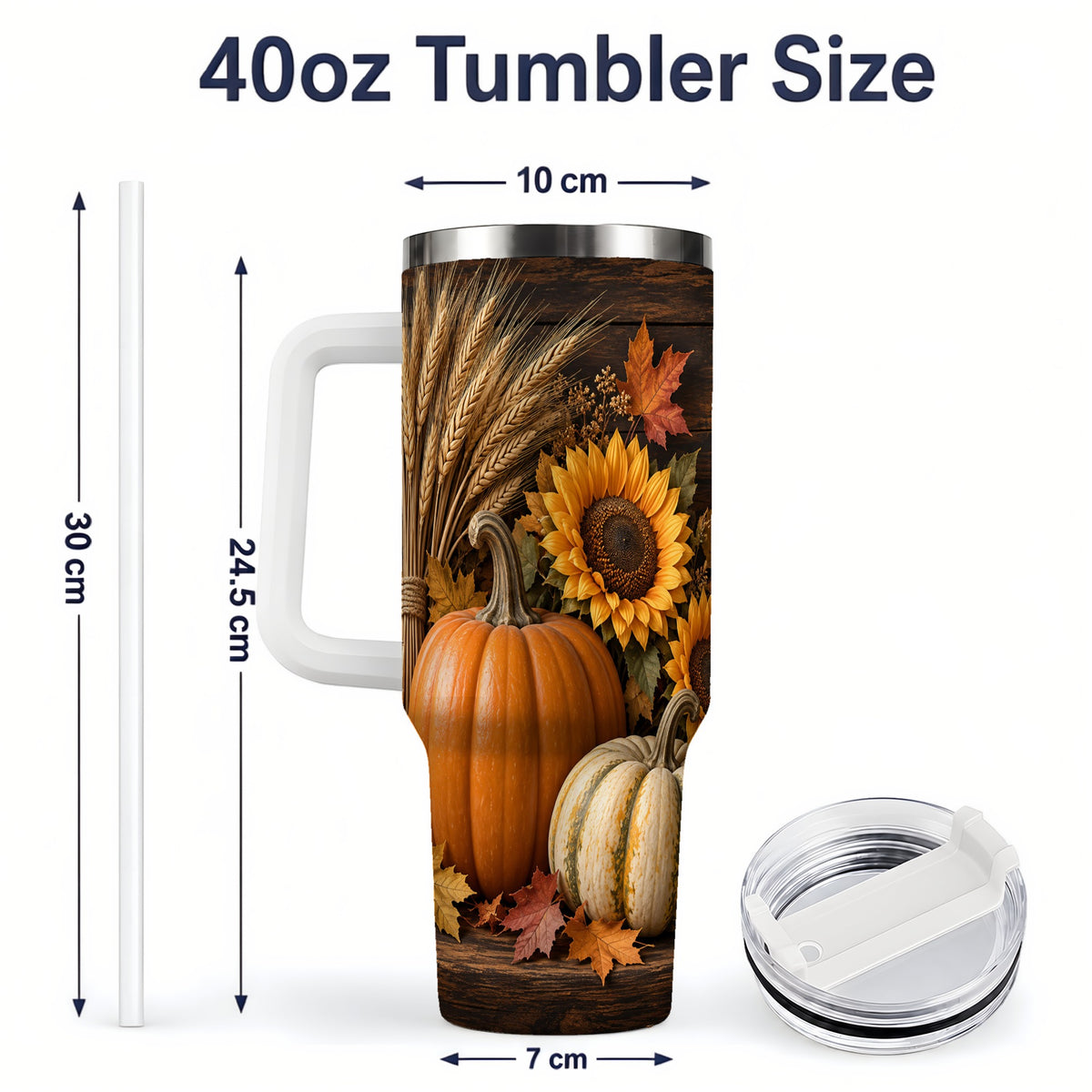 #pl[40oz|White] Pumpkin Sunflower Harvest 40oz Tumbler with Wheat and Fall Leaves