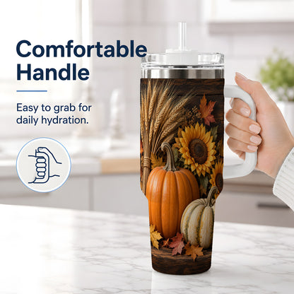 #pl[40oz|White] Pumpkin Sunflower Harvest 40oz Tumbler with Wheat and Fall Leaves