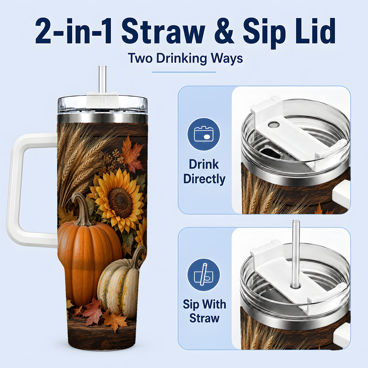 #pl[40oz|White] Pumpkin Sunflower Harvest 40oz Tumbler with Wheat and Fall Leaves