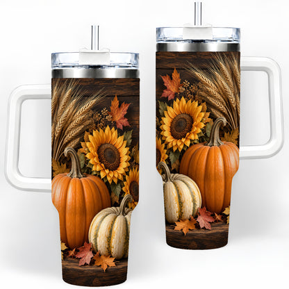 Pumpkin Sunflower Harvest 40oz Tumbler with Wheat and Fall Leaves