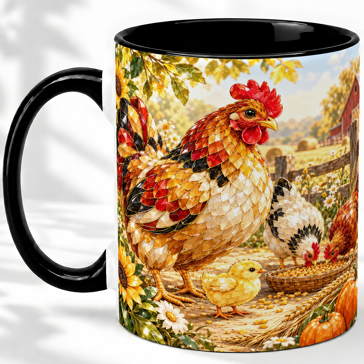 #pl[11oz|Black] Autumn Chicken Farm Ceramic Mug, Sunflower Harvest Artwork