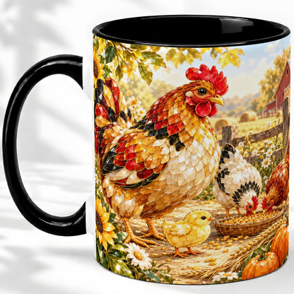 #pl[11oz|Black] Autumn Chicken Farm Ceramic Mug, Sunflower Harvest Artwork