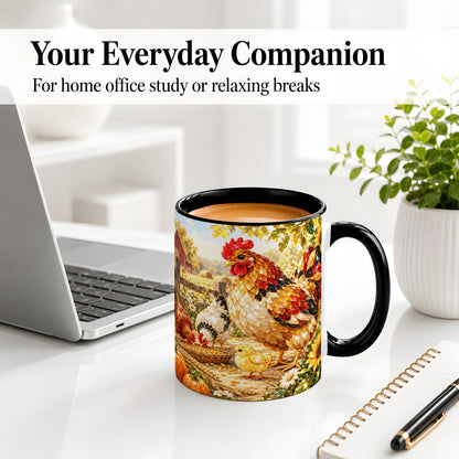 #pl[11oz|Black] Autumn Chicken Farm Ceramic Mug, Sunflower Harvest Artwork