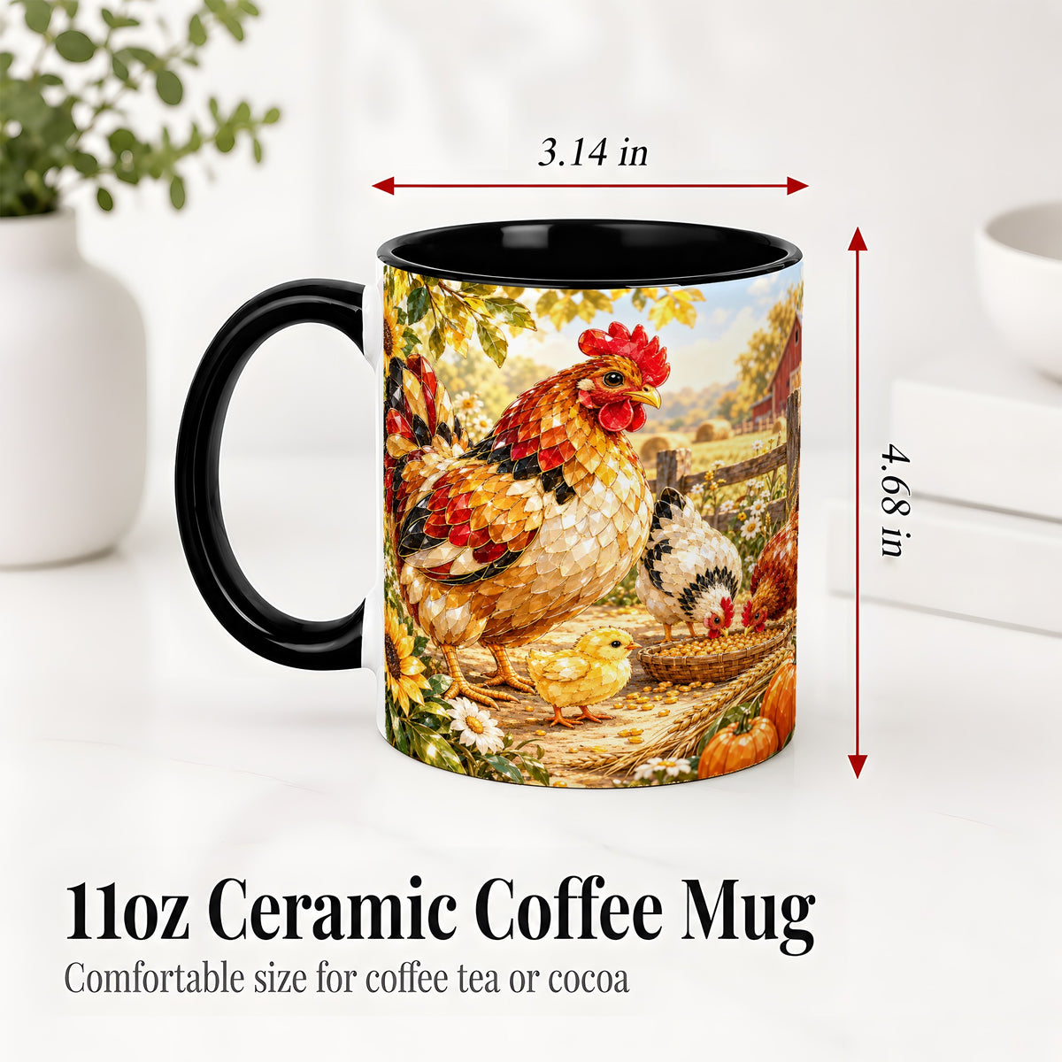 #pl[11oz|Black] Autumn Chicken Farm Ceramic Mug, Sunflower Harvest Artwork
