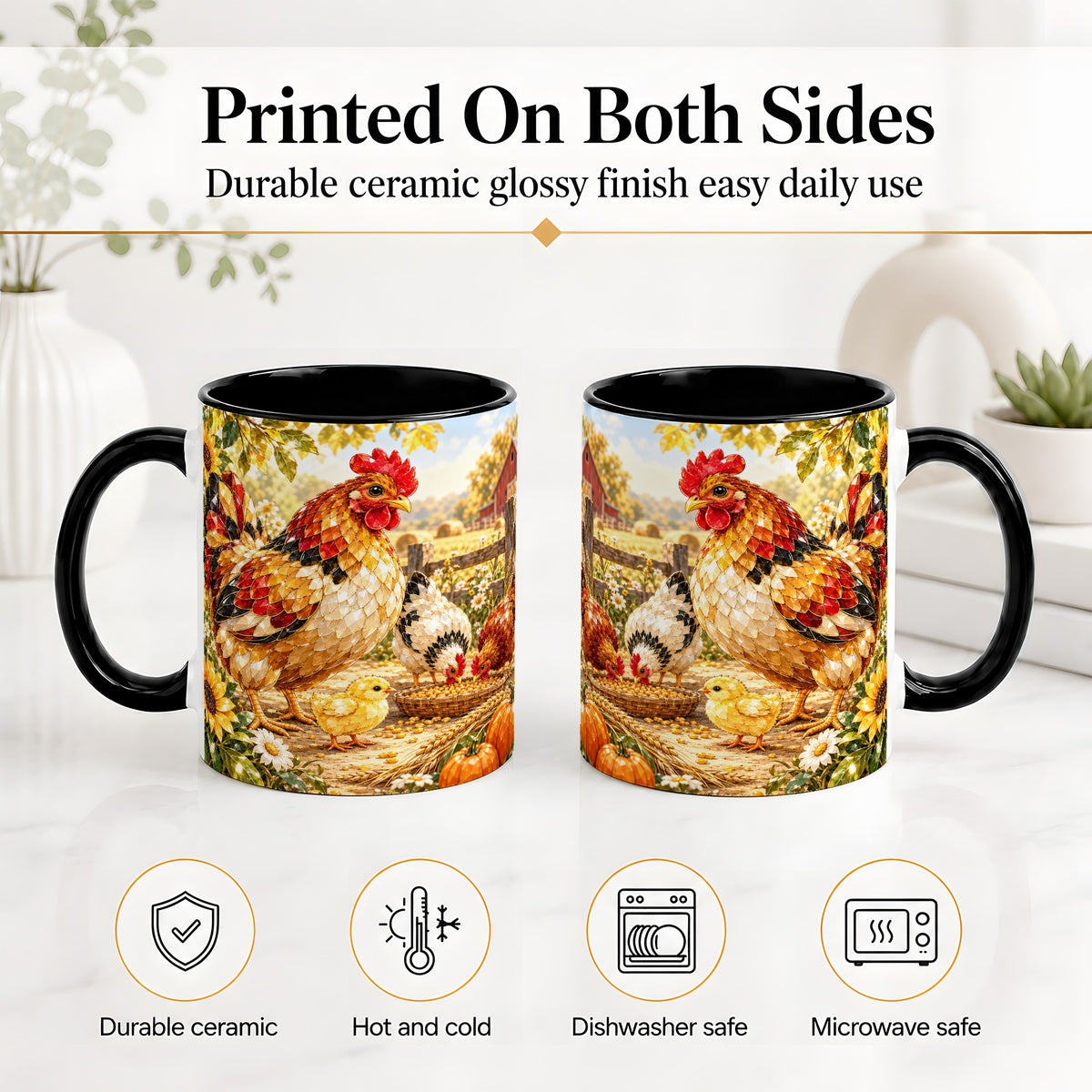 #pl[11oz|Black] Autumn Chicken Farm Ceramic Mug, Sunflower Harvest Artwork