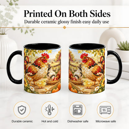 #pl[11oz|Black] Autumn Chicken Farm Ceramic Mug, Sunflower Harvest Artwork