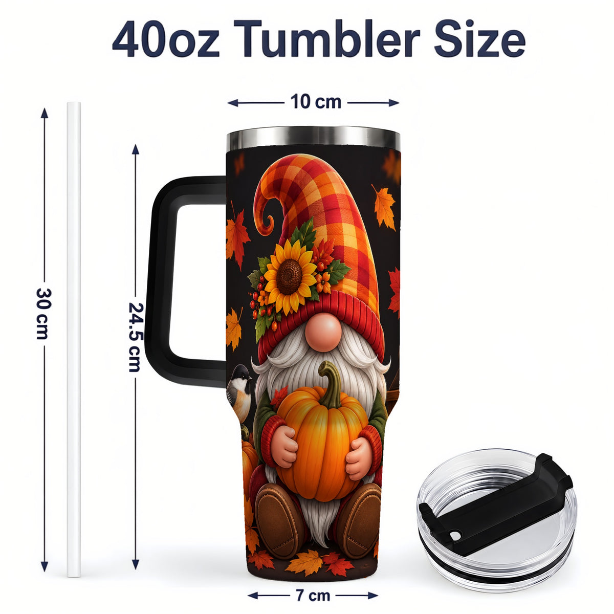 #pl[40oz|Black] Autumn Gnome Pumpkin 40oz Tumbler with Sunflower and Lantern