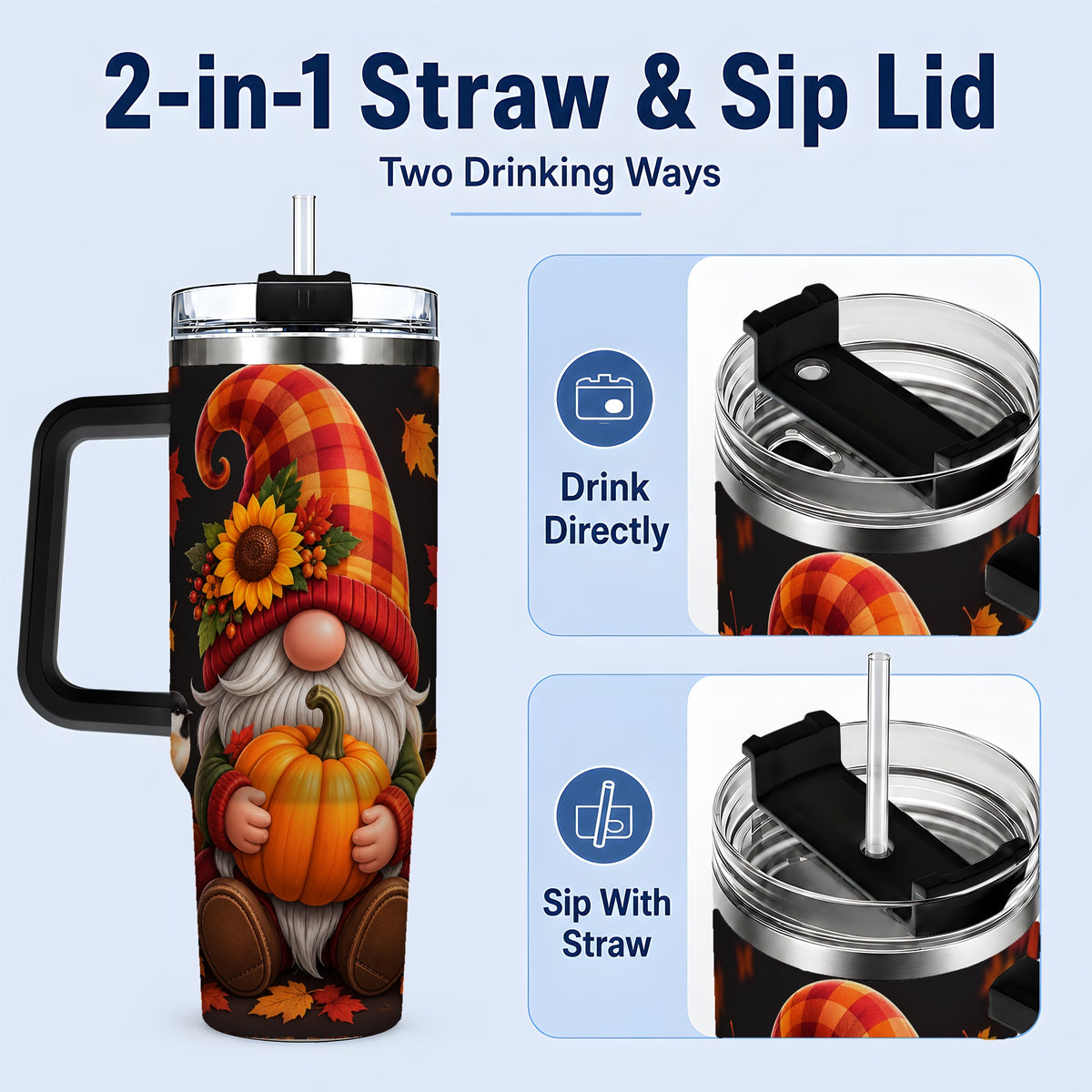 #pl[40oz|Black] Autumn Gnome Pumpkin 40oz Tumbler with Sunflower and Lantern