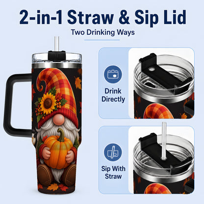 #pl[40oz|Black] Autumn Gnome Pumpkin 40oz Tumbler with Sunflower and Lantern