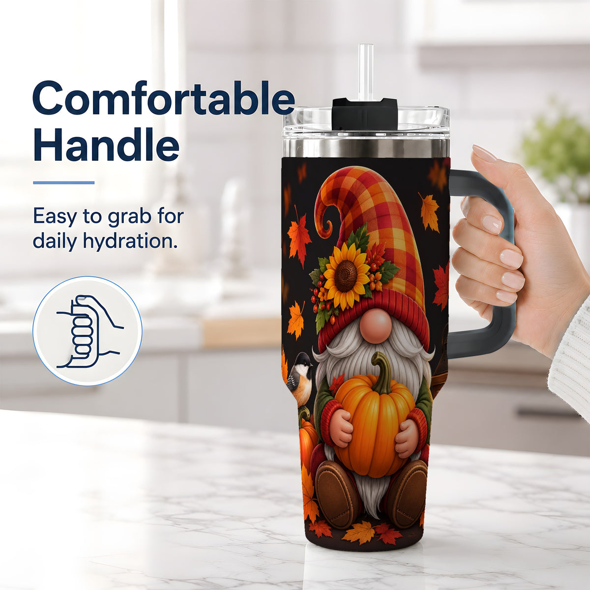 #pl[40oz|Black] Autumn Gnome Pumpkin 40oz Tumbler with Sunflower and Lantern