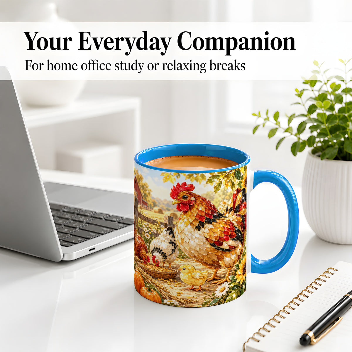 #pl[11oz|Blue] Autumn Chicken Farm Ceramic Mug, Sunflower Harvest Artwork