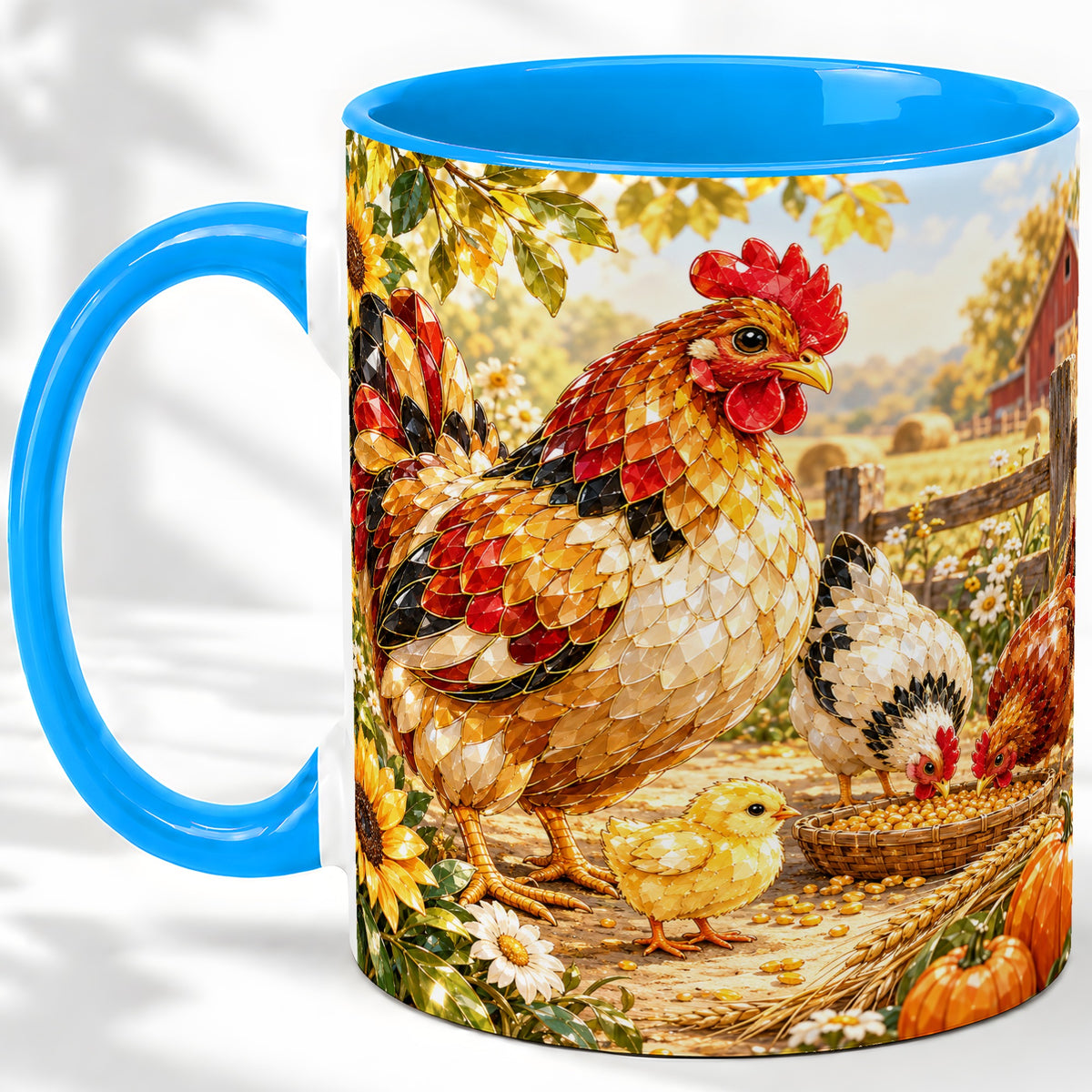 #pl[11oz|Blue] Autumn Chicken Farm Ceramic Mug, Sunflower Harvest Artwork