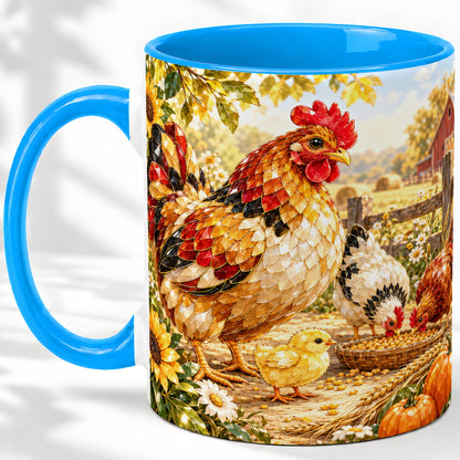 #pl[11oz|Blue] Autumn Chicken Farm Ceramic Mug, Sunflower Harvest Artwork