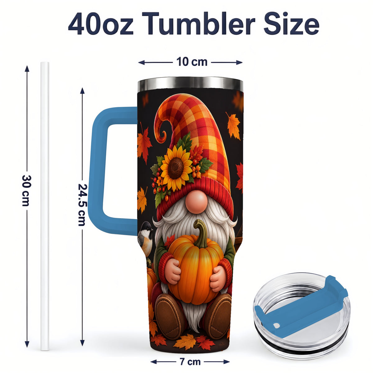 #pl[40oz|Blue] Autumn Gnome Pumpkin 40oz Tumbler with Sunflower and Lantern