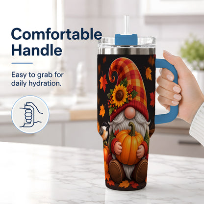 #pl[40oz|Blue] Autumn Gnome Pumpkin 40oz Tumbler with Sunflower and Lantern
