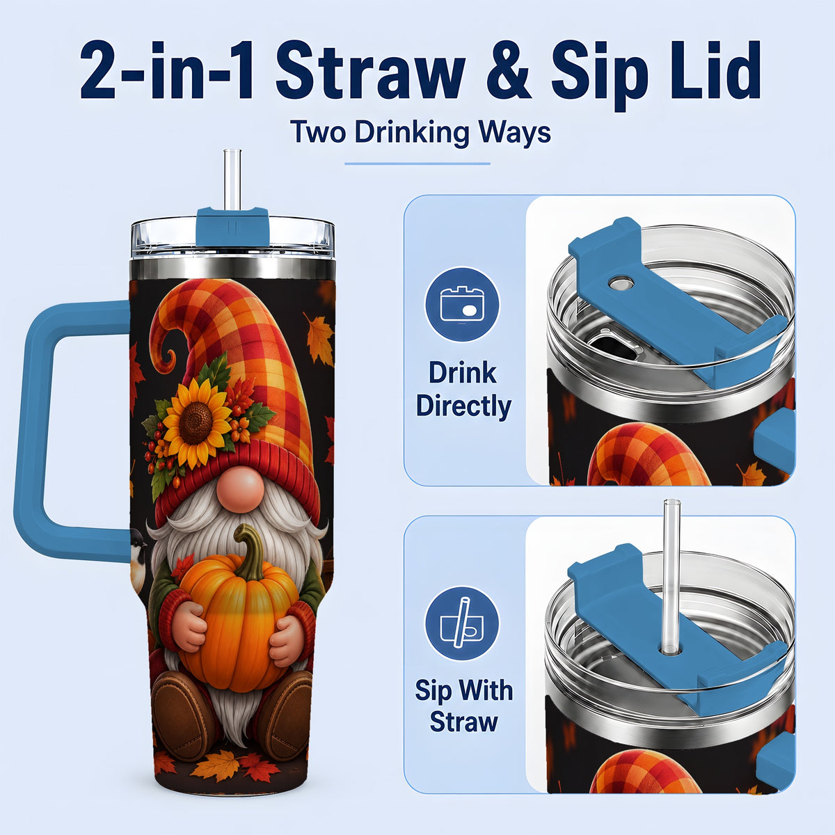#pl[40oz|Blue] Autumn Gnome Pumpkin 40oz Tumbler with Sunflower and Lantern