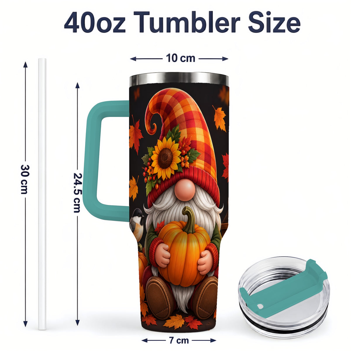 #pl[40oz|Green] Autumn Gnome Pumpkin 40oz Tumbler with Sunflower and Lantern
