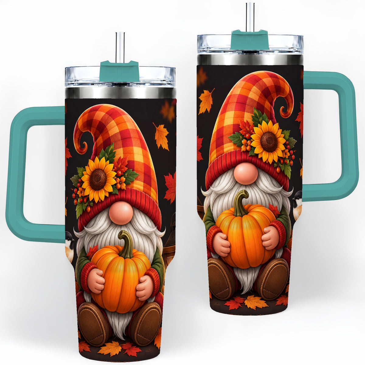 #pl[40oz|Green] Autumn Gnome Pumpkin 40oz Tumbler with Sunflower and Lantern