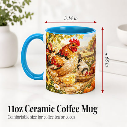 #pl[11oz|Blue] Autumn Chicken Farm Ceramic Mug, Sunflower Harvest Artwork