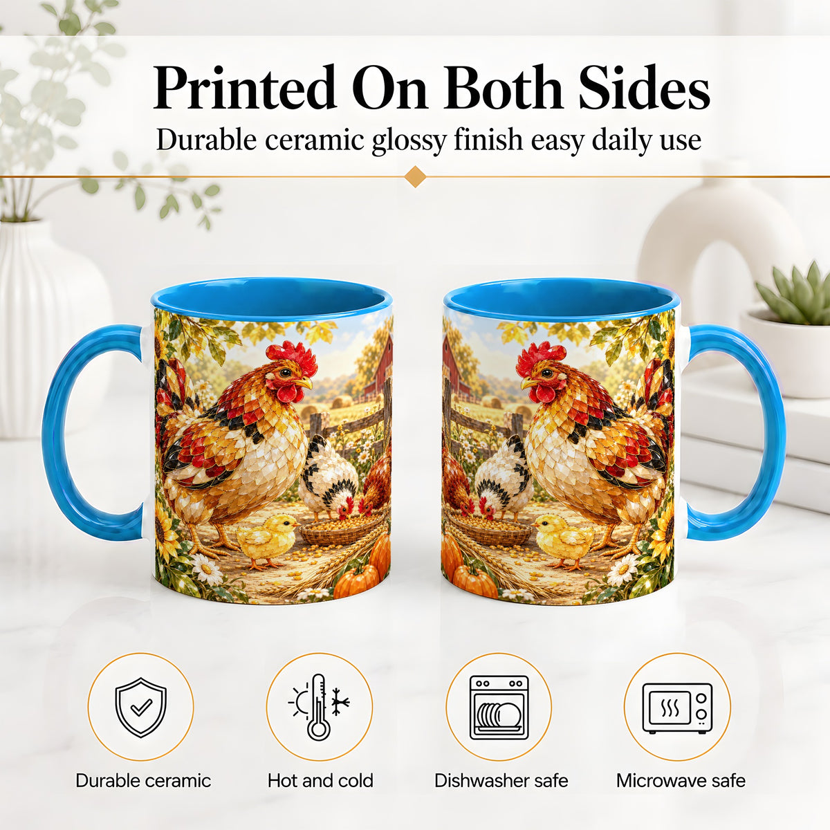 #pl[11oz|Blue] Autumn Chicken Farm Ceramic Mug, Sunflower Harvest Artwork