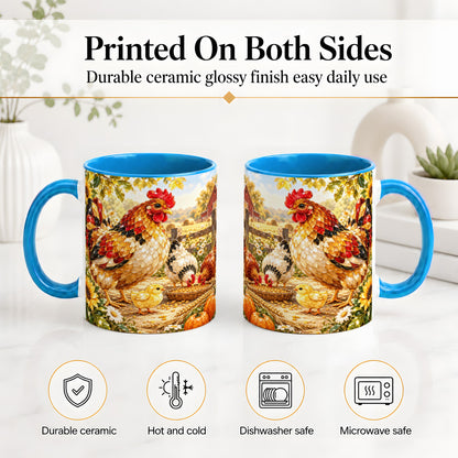 #pl[11oz|Blue] Autumn Chicken Farm Ceramic Mug, Sunflower Harvest Artwork