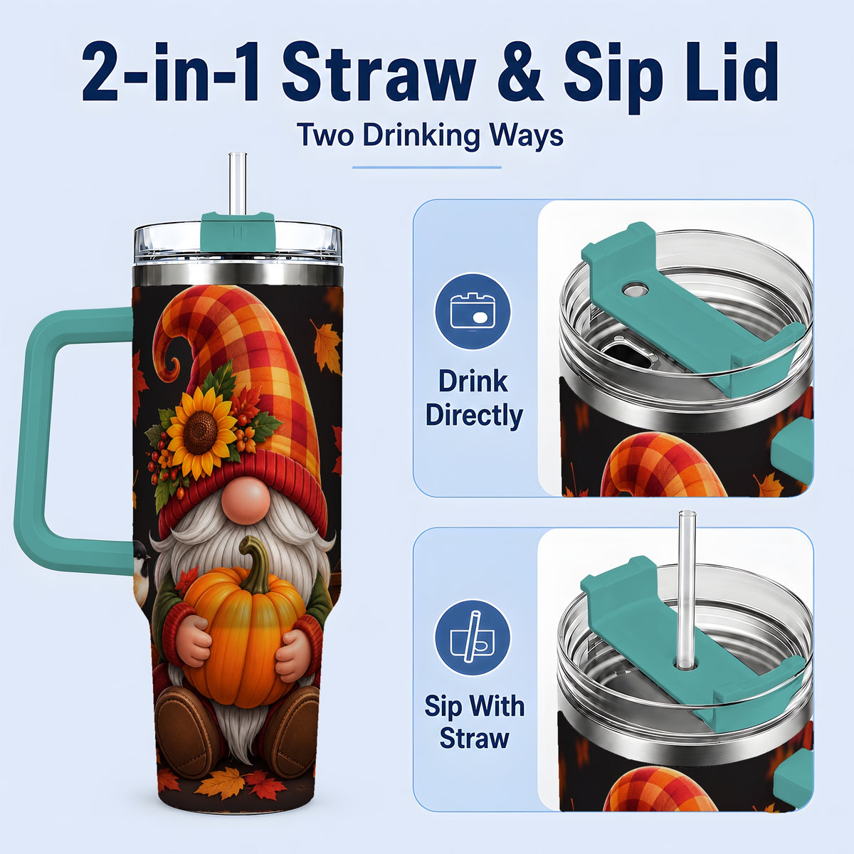 #pl[40oz|Green] Autumn Gnome Pumpkin 40oz Tumbler with Sunflower and Lantern