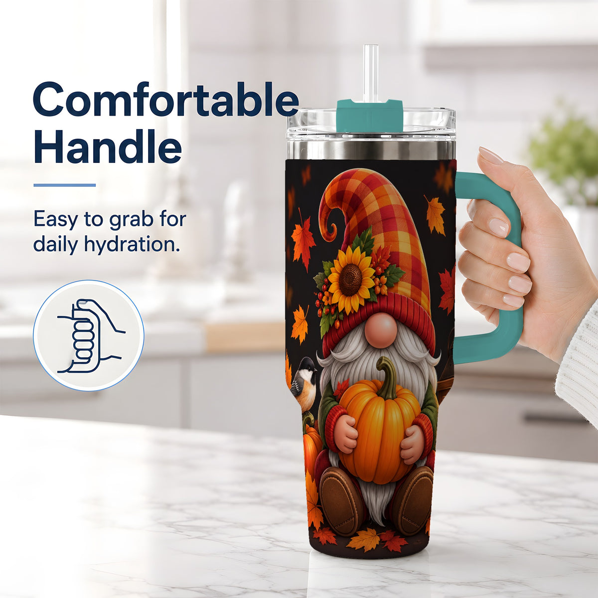 #pl[40oz|Green] Autumn Gnome Pumpkin 40oz Tumbler with Sunflower and Lantern
