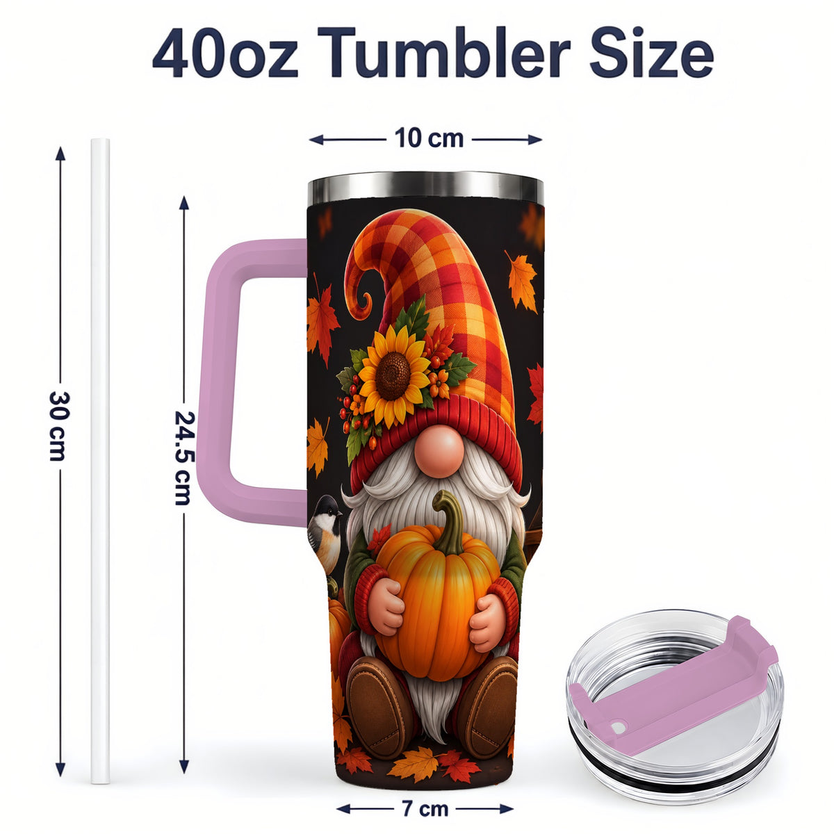 #pl[40oz|Pink] Autumn Gnome Pumpkin 40oz Tumbler with Sunflower and Lantern