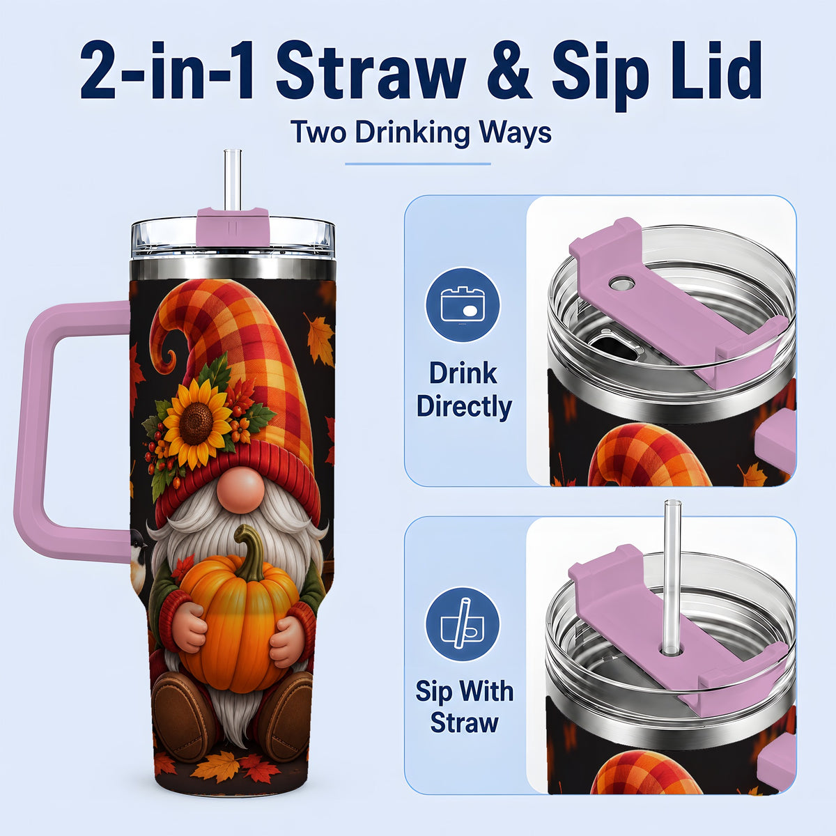 #pl[40oz|Pink] Autumn Gnome Pumpkin 40oz Tumbler with Sunflower and Lantern
