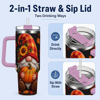 #pl[40oz|Pink] Autumn Gnome Pumpkin 40oz Tumbler with Sunflower and Lantern