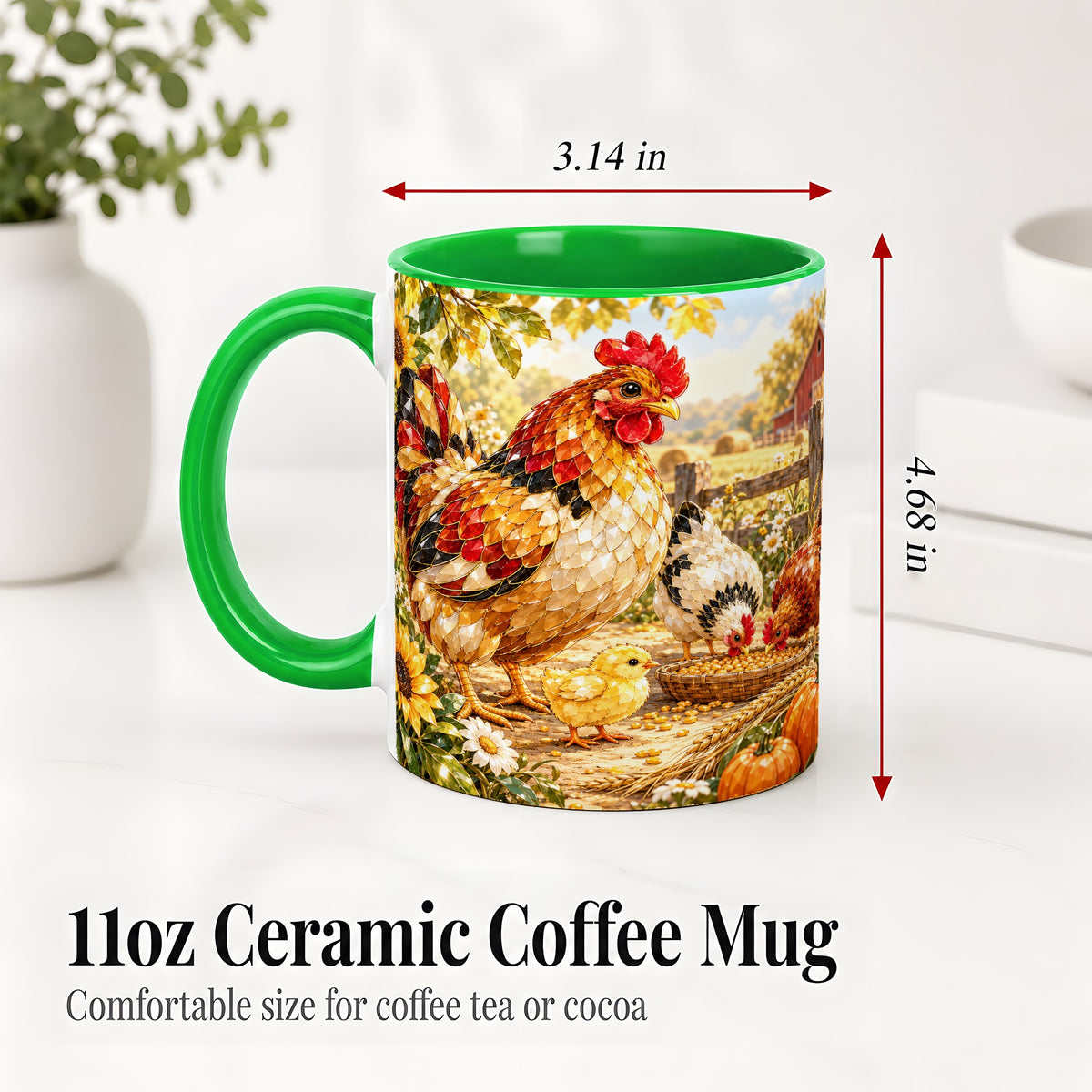 #pl[11oz|Green] Autumn Chicken Farm Ceramic Mug, Sunflower Harvest Artwork