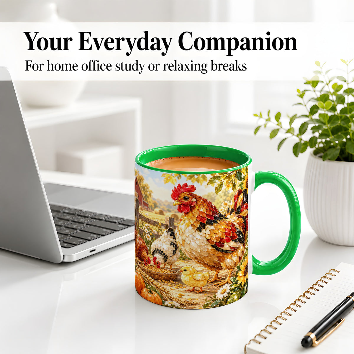 #pl[11oz|Green] Autumn Chicken Farm Ceramic Mug, Sunflower Harvest Artwork