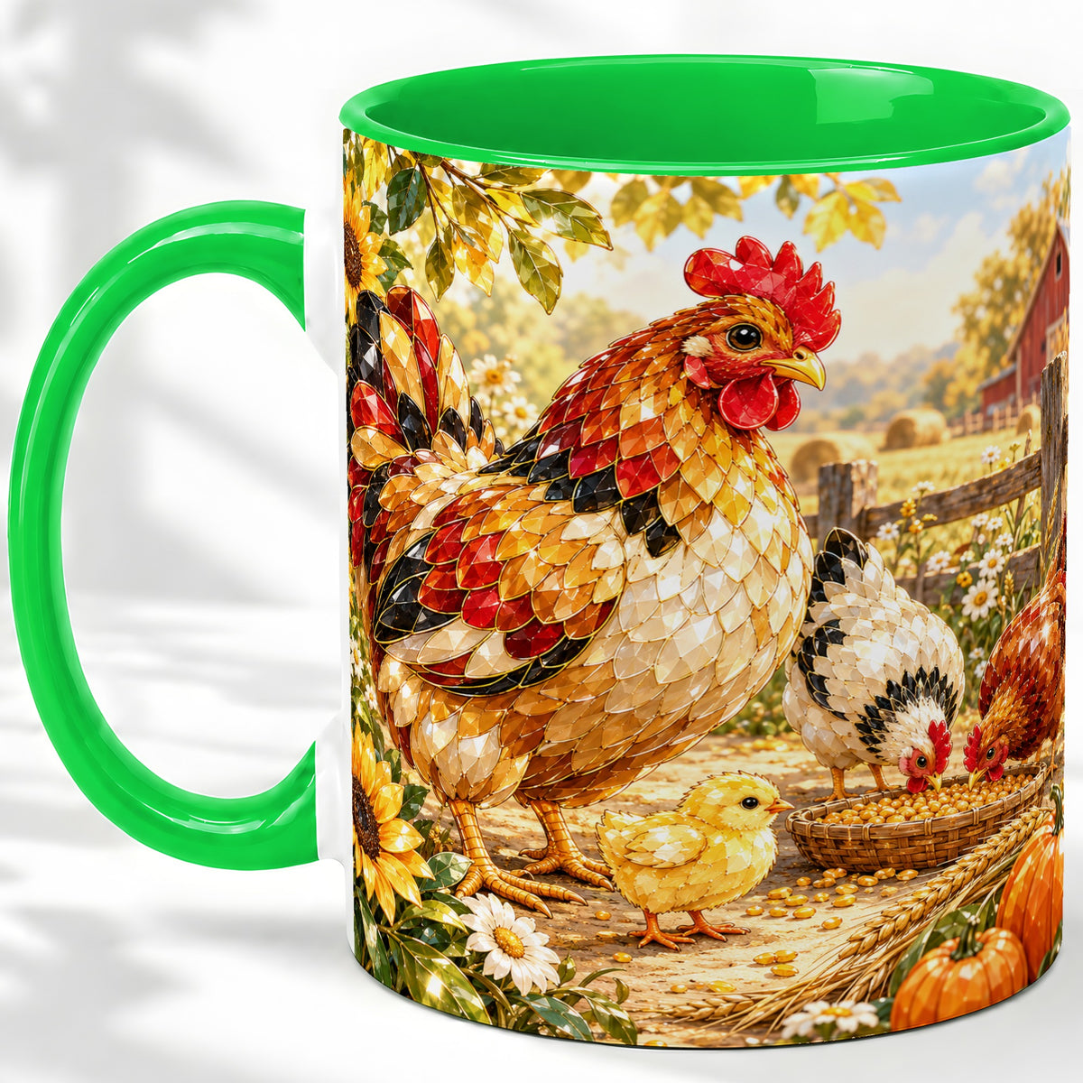 #pl[11oz|Green] Autumn Chicken Farm Ceramic Mug, Sunflower Harvest Artwork