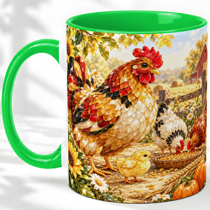 #pl[11oz|Green] Autumn Chicken Farm Ceramic Mug, Sunflower Harvest Artwork