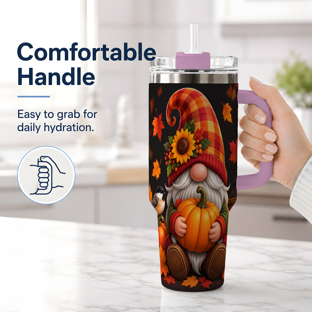 #pl[40oz|Pink] Autumn Gnome Pumpkin 40oz Tumbler with Sunflower and Lantern