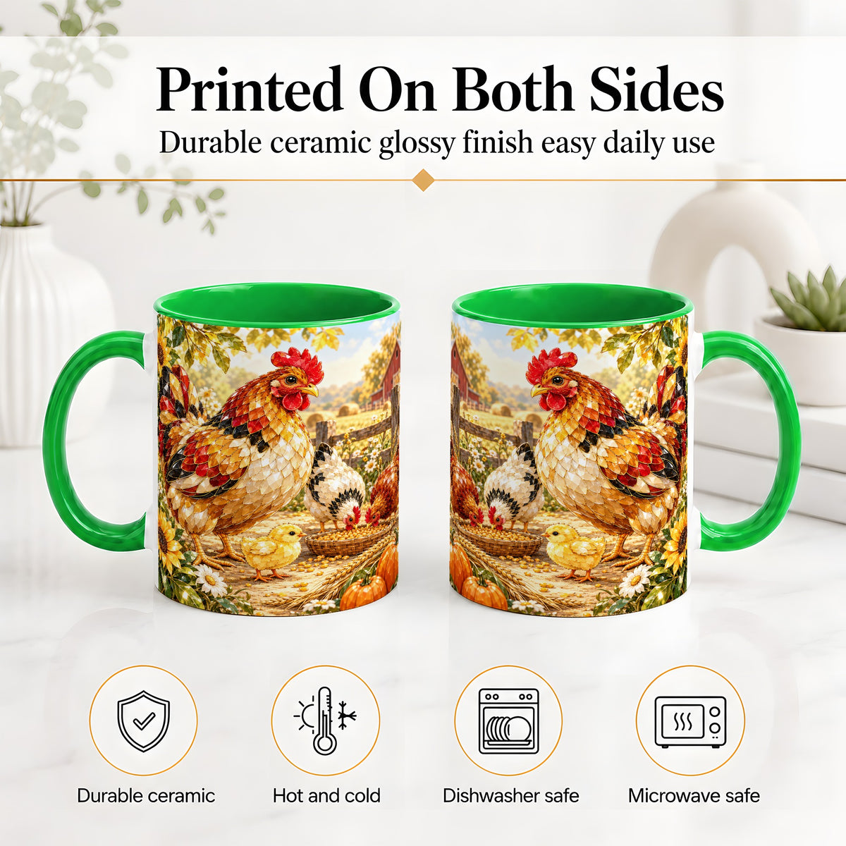#pl[11oz|Green] Autumn Chicken Farm Ceramic Mug, Sunflower Harvest Artwork